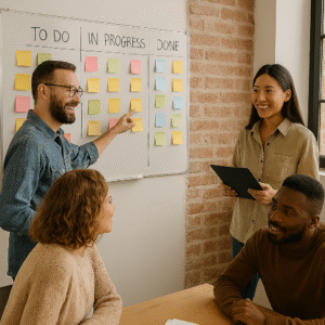 Team collaboration around Kanban board