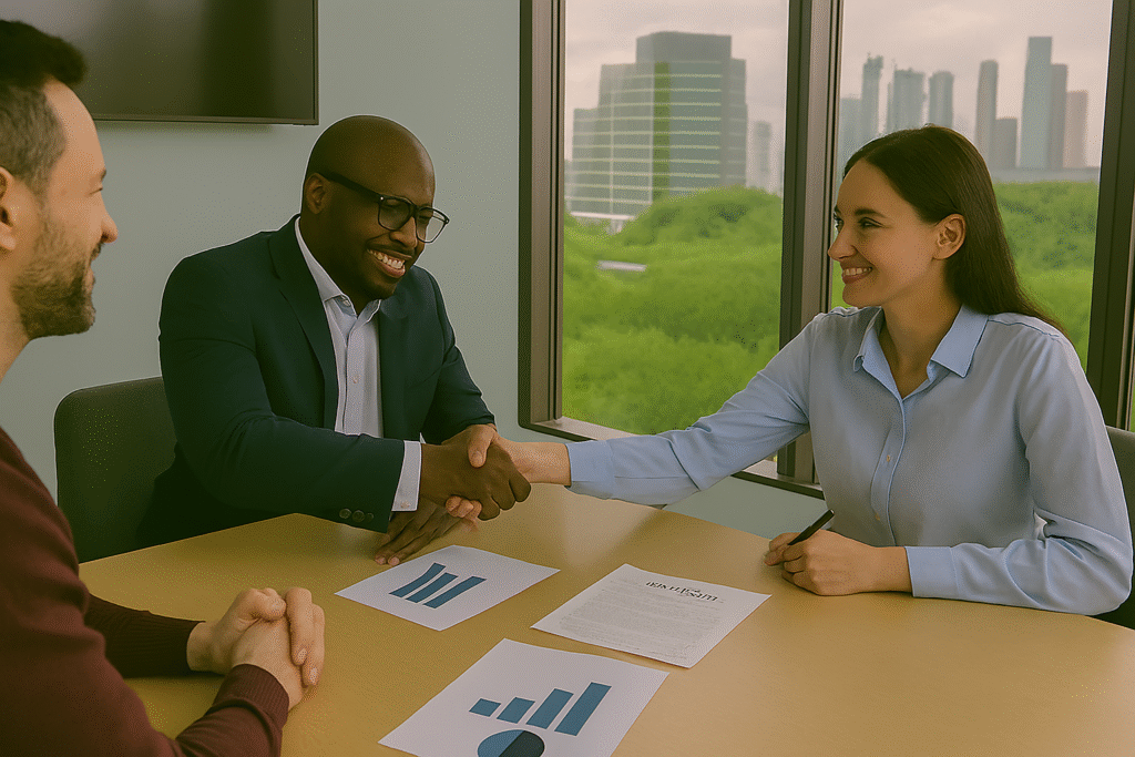 A consultant and client seal their partnership with a signed agreement A consultant and client seal their partnership with a signed agreement